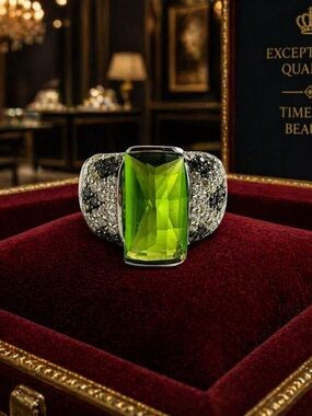 Vintage Charles Winston Chartreuse Quartz and  Zircon Sterling Silver Ring
